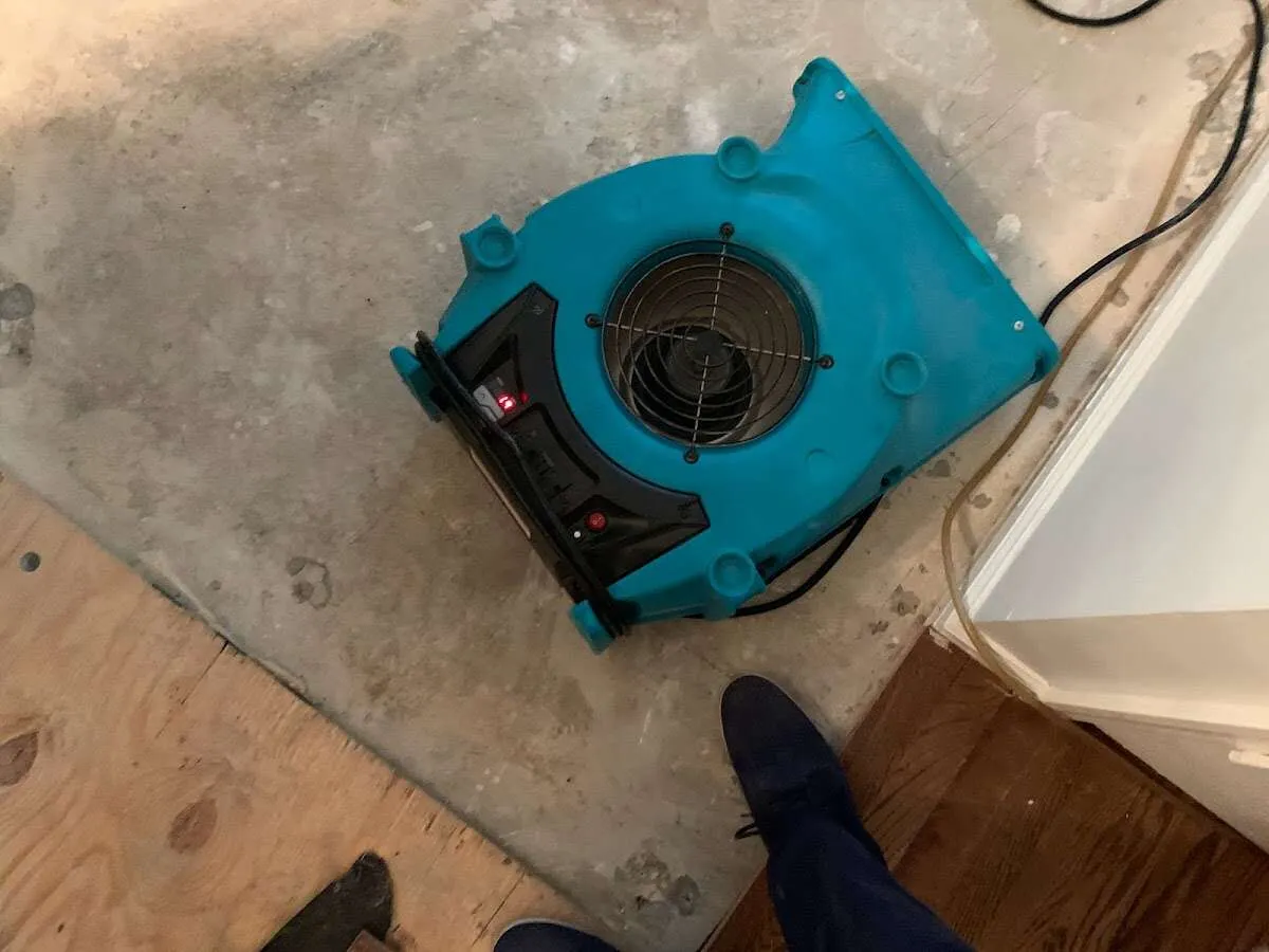 Air mover drying subfloor during Commercial Water Damage Restoration in New Kingman-Butler